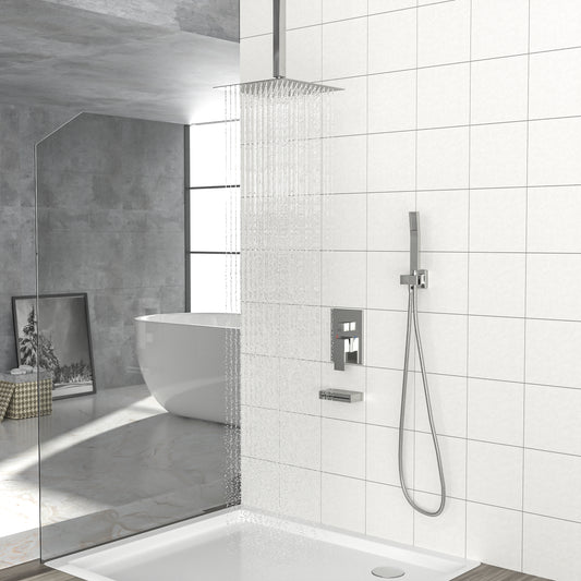 12" Rain Shower Head Systems with Waterfall Tub Spout, Brushed Nickel,Ceiling Mounted shower