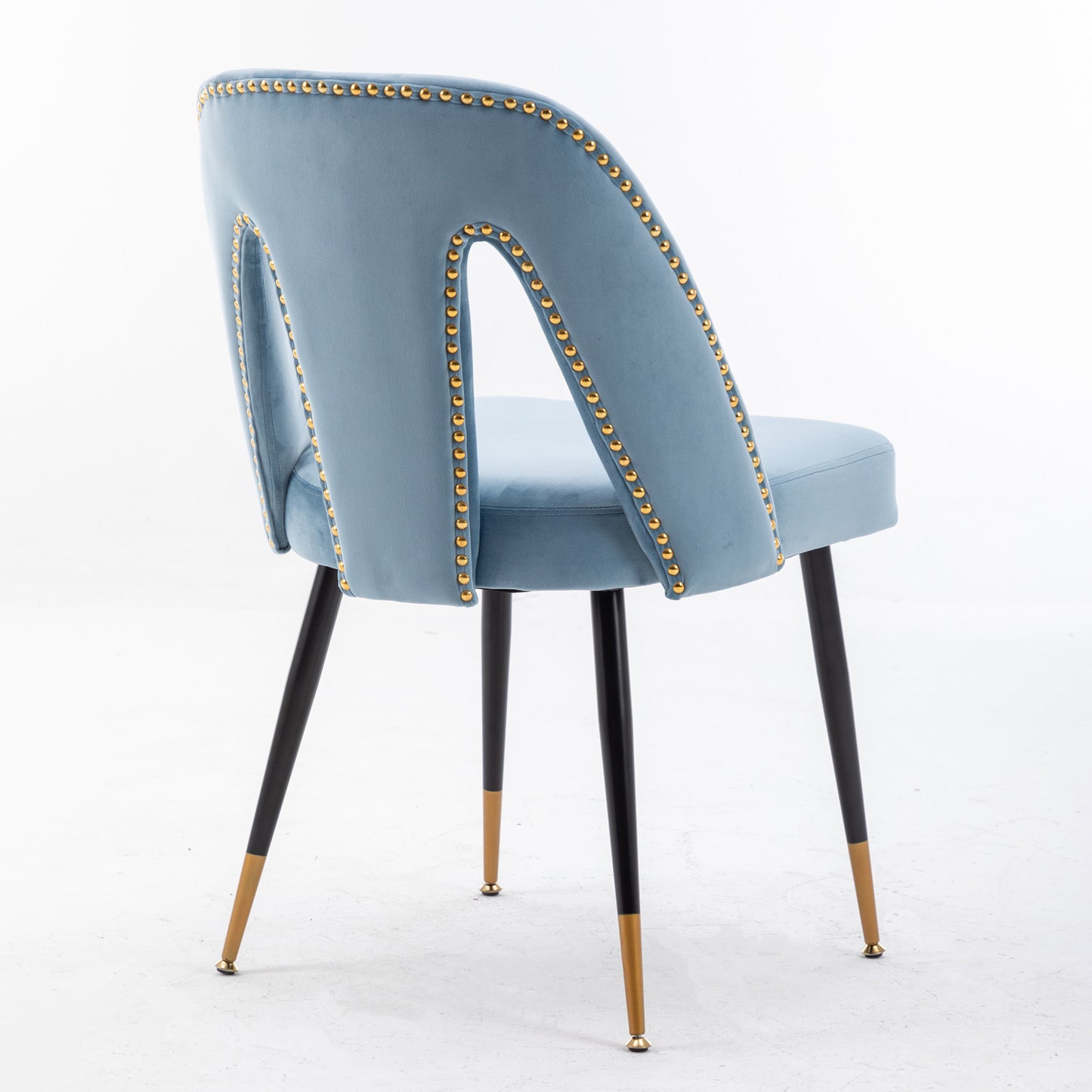 A&A Furniture,Akoya Collection Modern | Contemporary Velvet Upholstered Dining Chair with Nailheads and Gold Tipped Black Metal Legs, Light Blue，Set of 2