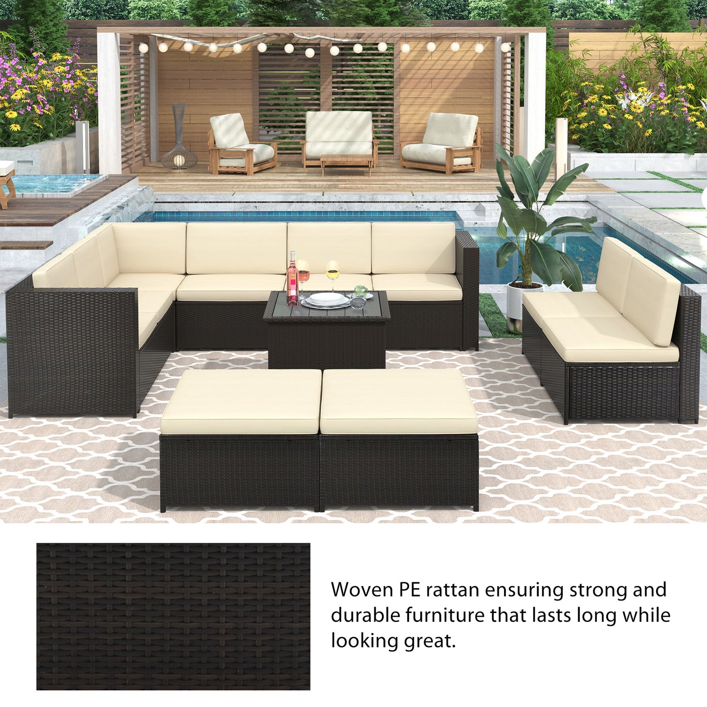 U_Style 9 Piece Rattan Sectional Seating Group with Cushions and Ottoman, Patio Furniture Sets, Outdoor Wicker Sectional