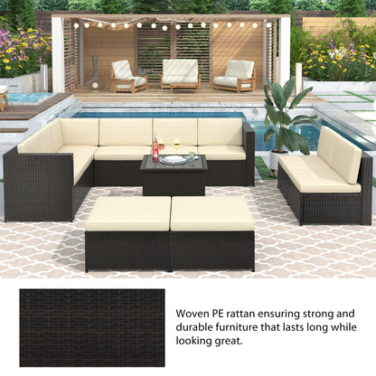 U_Style 9 Piece Rattan Sectional Seating Group with Cushions and Ottoman, Patio Furniture Sets, Outdoor Wicker Sectional