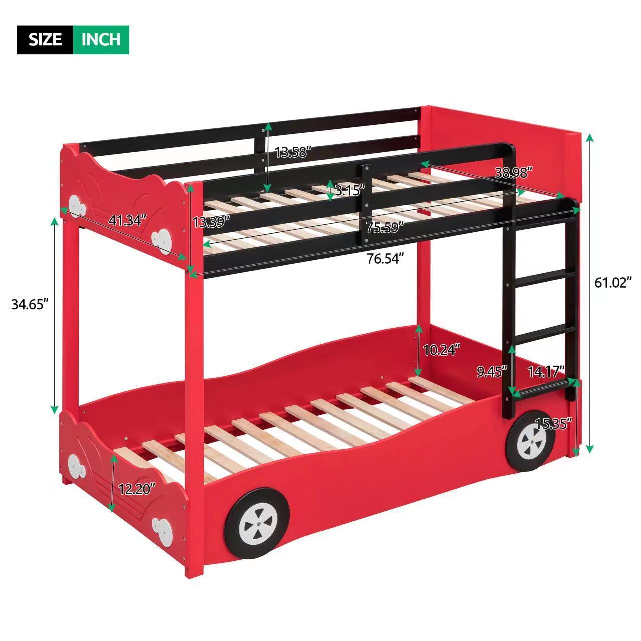 Twin Size Car-Shaped Bunk Bed with Wheels, Red