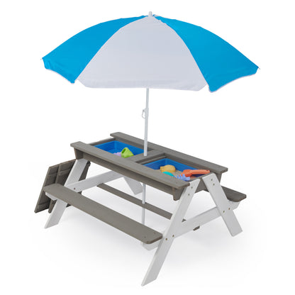 3-in-1 Kids Outdoor Wooden Picnic Table With Umbrella, Convertible Sand & Wate, Gray AMASTM & CPSIACERTIFICATION