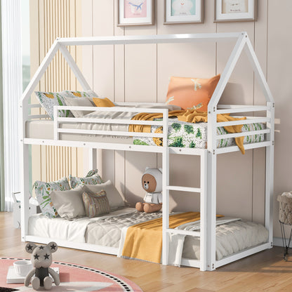 Twin over Twin House Bunk Bed with Built-in Ladder,White