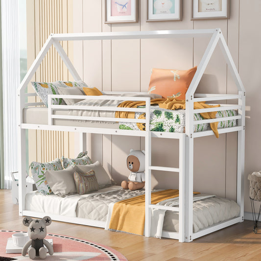 Twin over Twin House Bunk Bed with Built-in Ladder,White