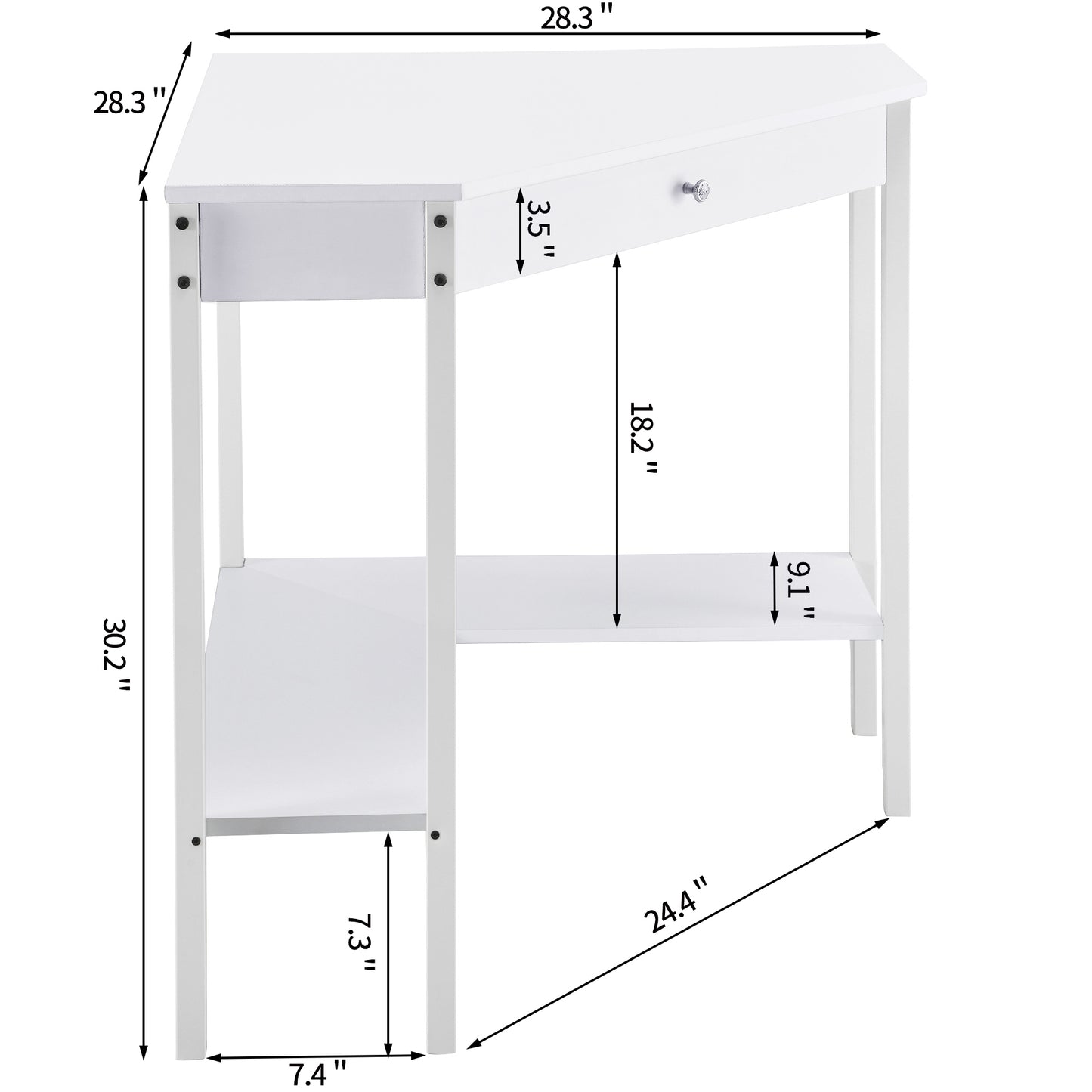 white triangular desk with drawers for small place