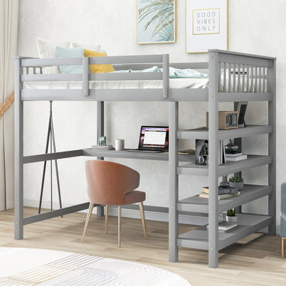 Full Size Loft Bed with Storage Shelves and Under-bed Desk, Gray(OLD SKU:SM000246AAE-1)