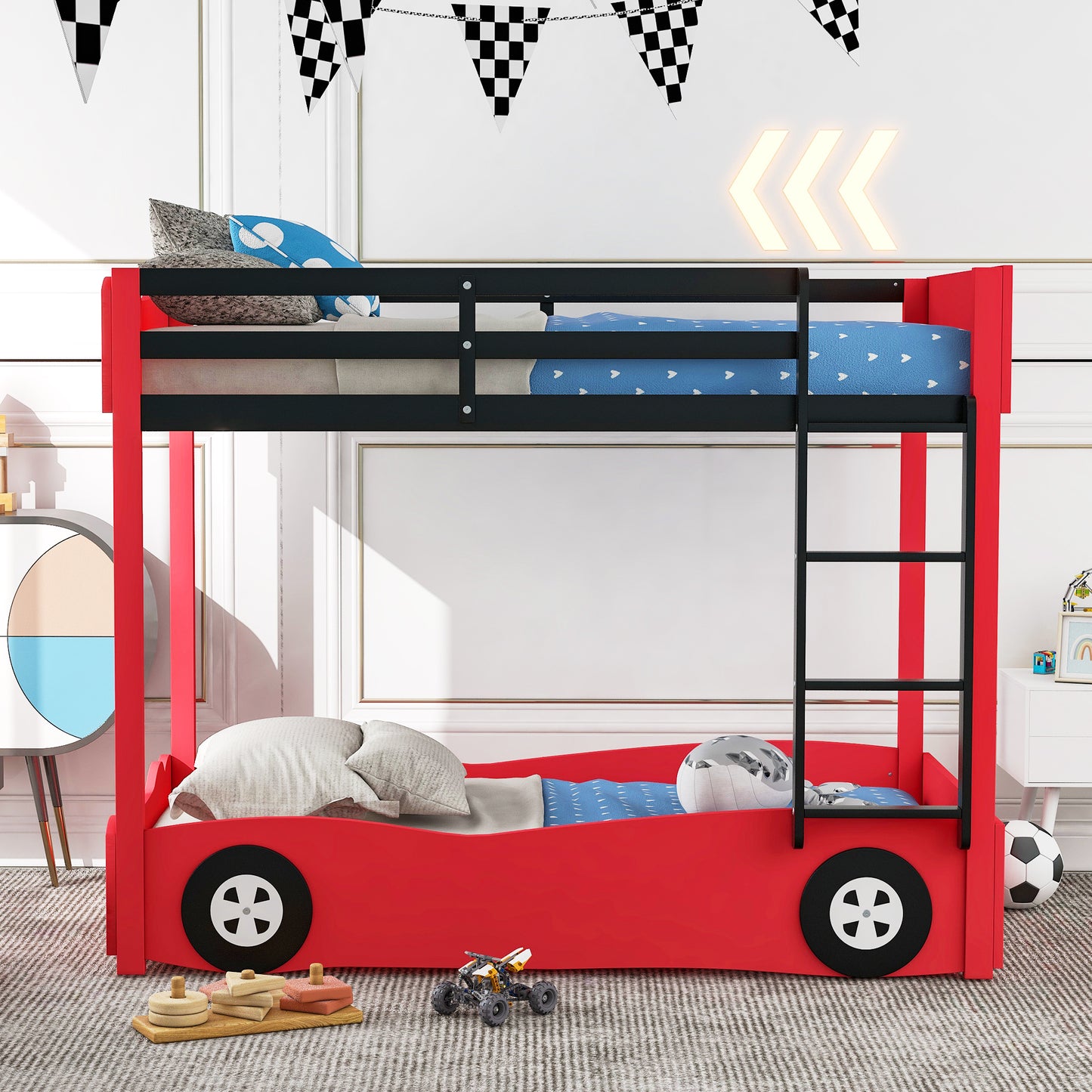 Twin Size Car-Shaped Bunk Bed with Wheels, Red