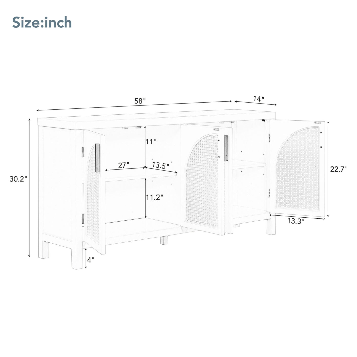 TREXM Large Storage Space Sideboard with Artificial Rattan Door and metal handles for Living Room and Entryway (White)