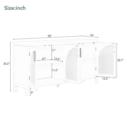 TREXM Large Storage Space Sideboard with Artificial Rattan Door and metal handles for Living Room and Entryway (White)