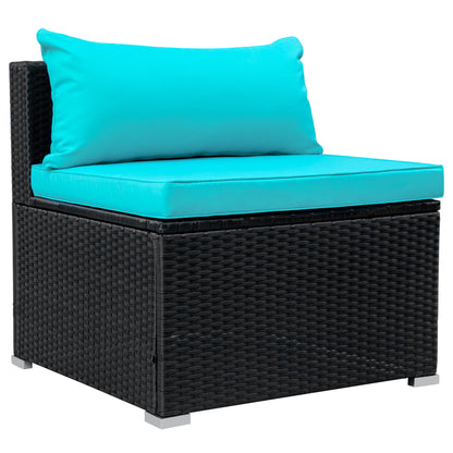 GO 9-piece Outdoor Patio PE Wicker Rattan conversation Sectional Sofa sets with 3 sofa, 3 corner sofa, 2 ottomans, and 1 glass coffee table, removable soft cushions (Black wicker, Blue cushion)