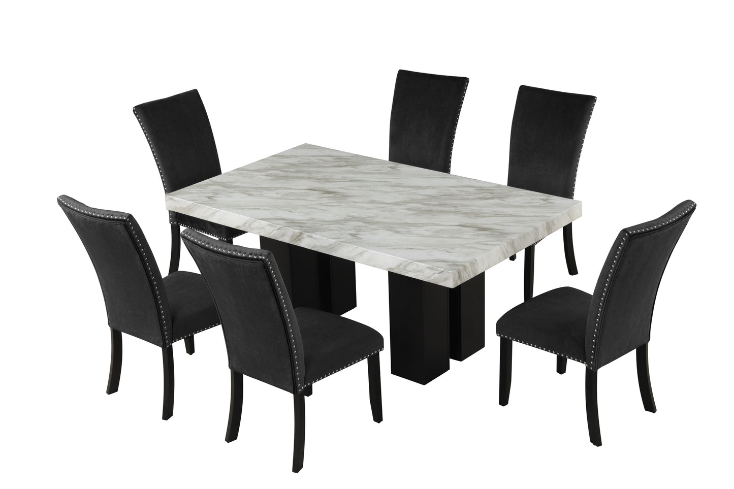 7-piece Dining Table Set with 1 Faux Marble Dining Rectangular Table and 6 Upholstered-Seat Chairs ,for Dining room and Living Room ,Black