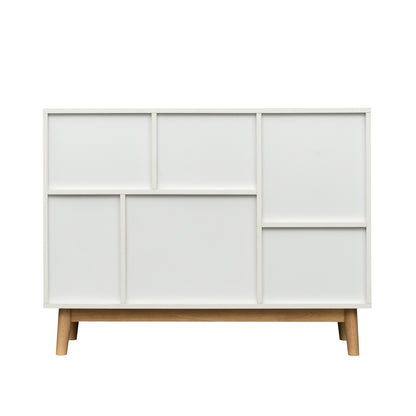 Multi-purpose storage cabinet with display stand and door, entrance channel, modern buffet or kitchen sideboard, TV cabinet, white and oak