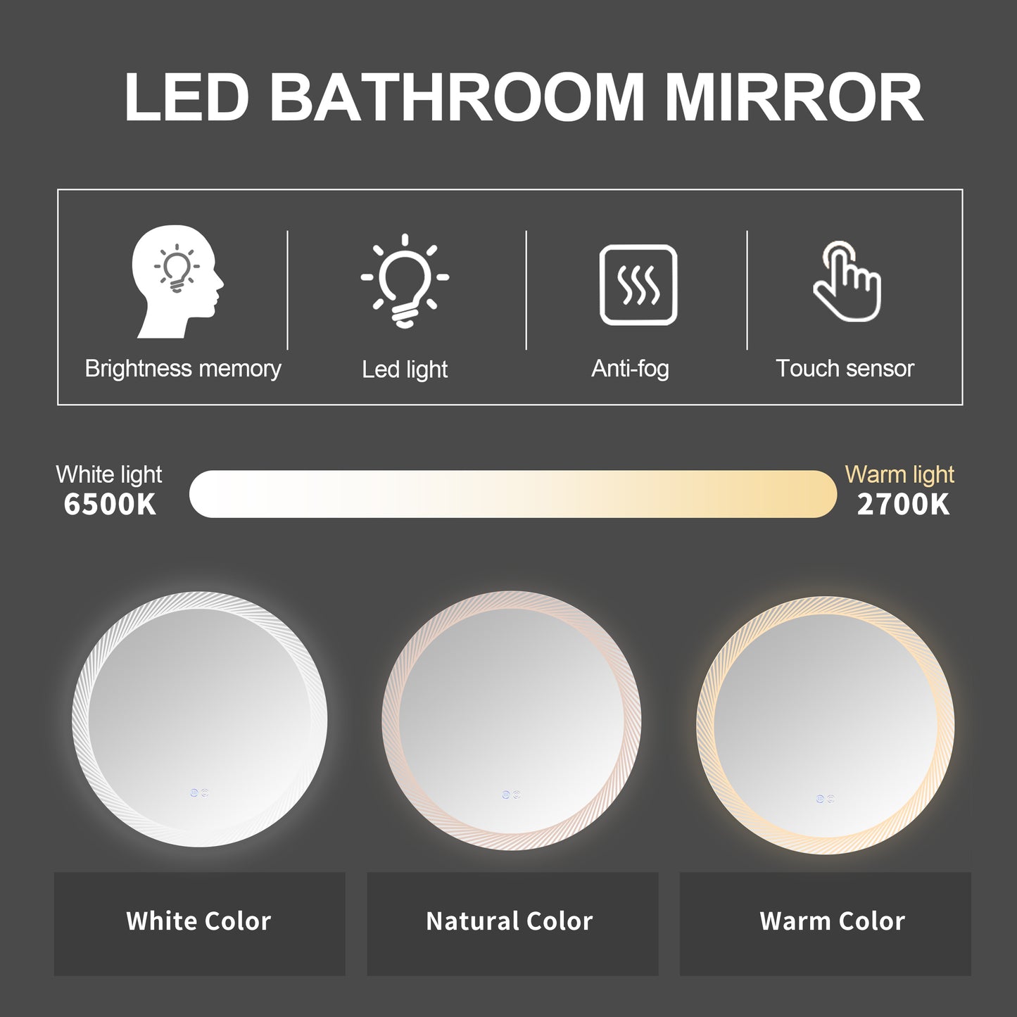 30 Inch LED Mirror, Wall-Mounted Vanity Mirrors, Bathroom Anti-Fog Mirror, Dimmable Bathroom Mirror