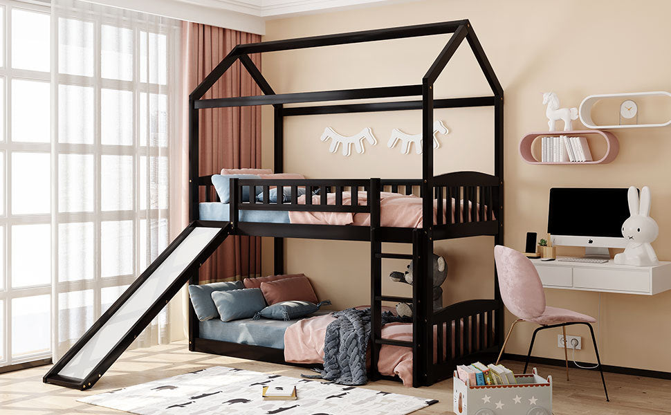 Twin Over Twin Bunk Bed with Slide, House Bed with Slide, Espresso(OLD SKU: LP000213AAP)