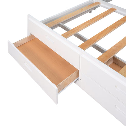 Queen Size Canopy Platform Bed with Twin Size Trundle and Three Storage Drawers,White