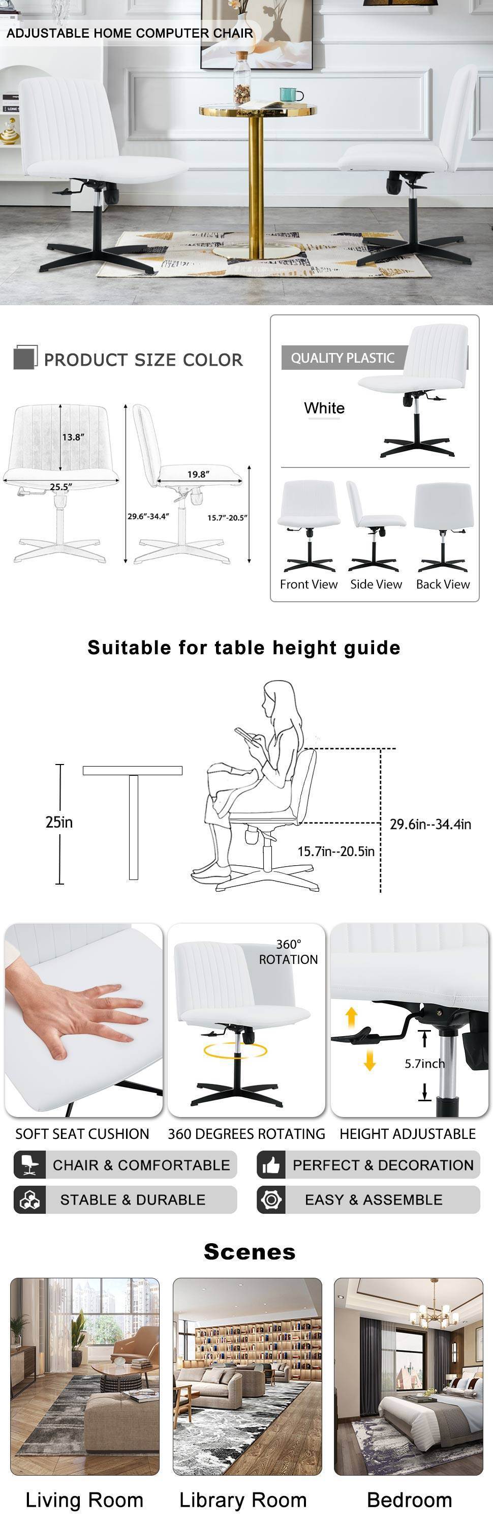 White High Grade Pu Material. Home Computer Chair Office Chair Adjustable 360 ° Swivel Cushion Chair With Black Foot Swivel Chair Makeup Chair Study Desk Chair. No Wheels