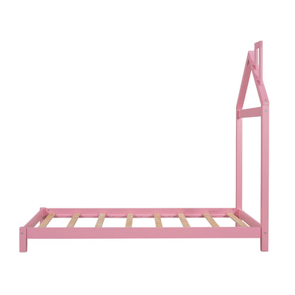 Twin Size Wood Platform Bed with House-shaped Headboard  (Pink)