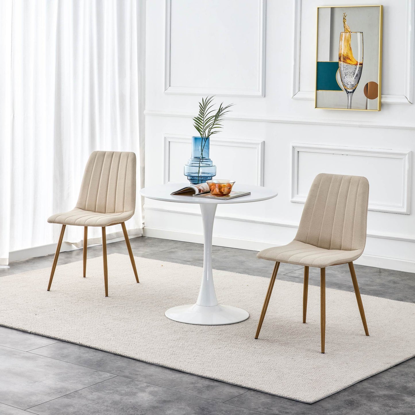 Dining Chairs Set of 4, Modern Style Dining Kitchen Room Upholstered Side Chairs.Accent office Chairs with Soft Linen and Wood Color Metal Legs.For Dining Room Living Room Office.Light Beige