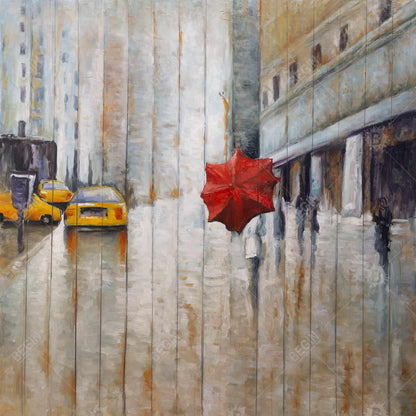 Red umbrella in the street - 16x16 Print on canvas