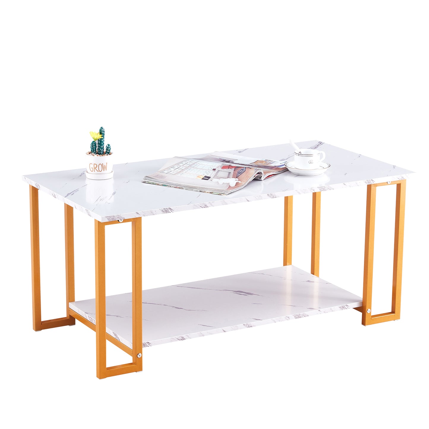 D&N Coffee Table, 2 Layers 1.5cm Thick Marble MDF Rectangle 39.37" L Tabletop Iron Coffee Table , Dining Room, Coffee Shop, Resterant, White Top, Gold Leg