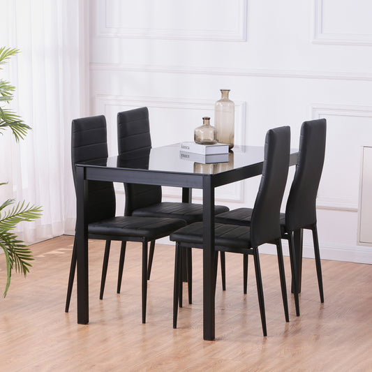 5 Pieces Dining Table Set，dining table and chair for 4，Kitchen Room Tempered Glass Dining Table ,4 Faux Leather Chairs ,Black