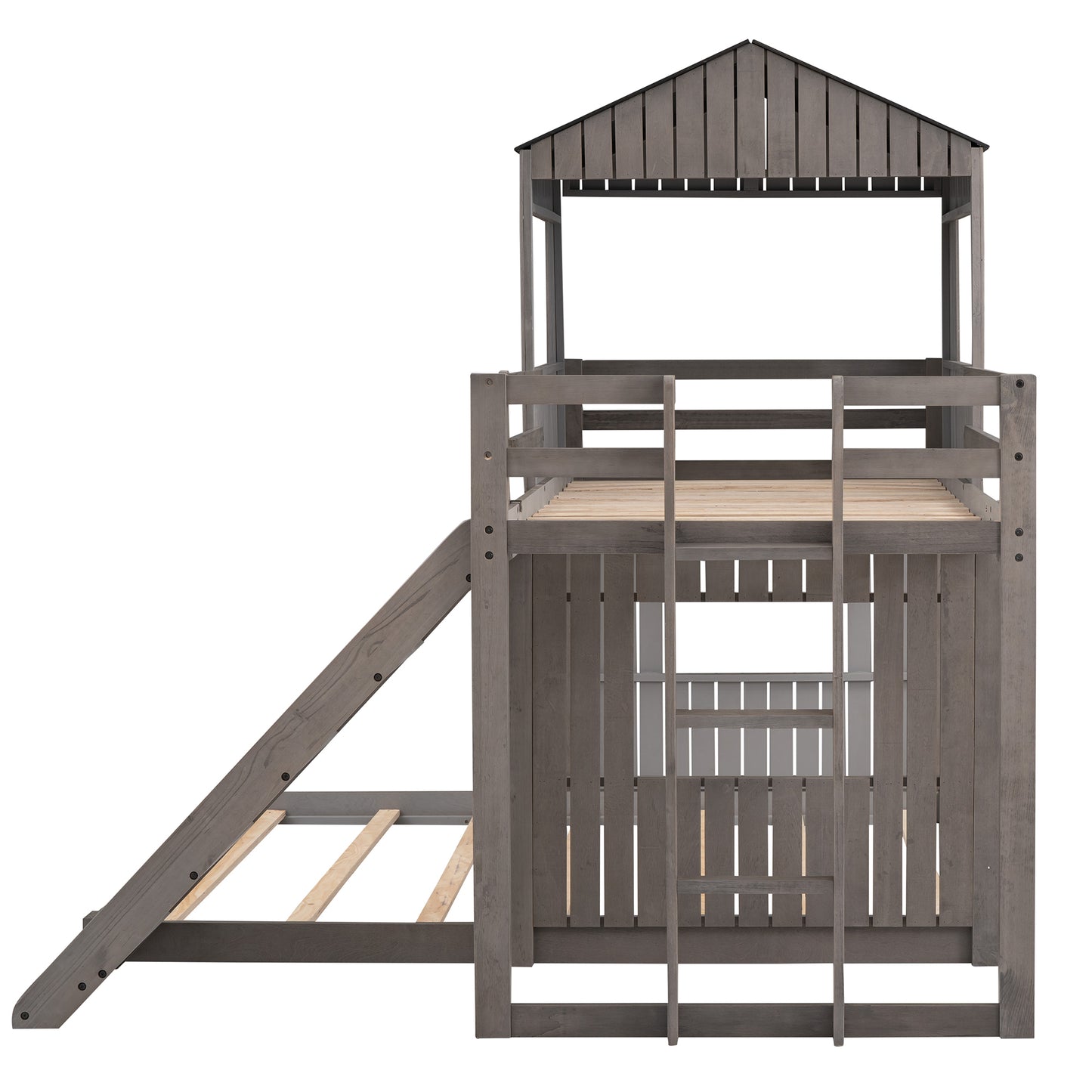 Wooden Twin Over Full Bunk Bed, Loft Bed with Playhouse, Farmhouse, Ladder, Slide and Guardrails, White(OLD SKU :LT000028AAE)