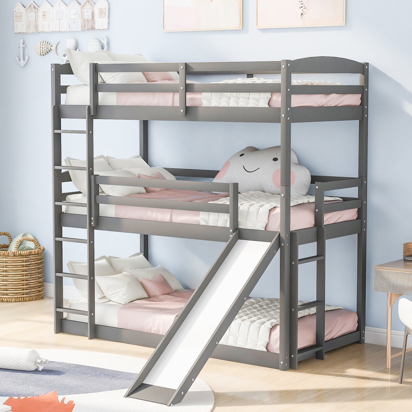 Twin over Twin over Twin Adjustable Triple Bunk Bed with Ladder and Slide,Gray(OLD SKU:SM000508AAE)(Expected Arrival Time:7.15)