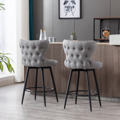 A&A Furniture,Counter Height 25" Modern Linen Fabric Counter Chairs,180° Swivel Bar Stool Chair for Kitchen,Tufted Cupreous Nailhead Trim Burlap Bar Stools with Metal Legs,Set of 2 (Gray)