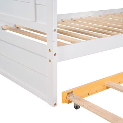 Twin Over Twin Bunk Bed with Trundle ,Stairs,Ladders Solid Wood Bunk bed with Storage Cabinet （White + Yellow）