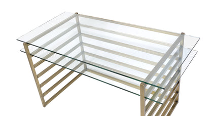 Slatted Design Metal Desk with Glass Shelf and Glass Top, Gold and Clear