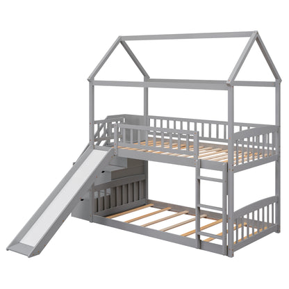 Twin Over Twin Bunk Bed with Drawers and Slide, House Bed with Slide,Gray(OLD SKU :LT000215AAE)