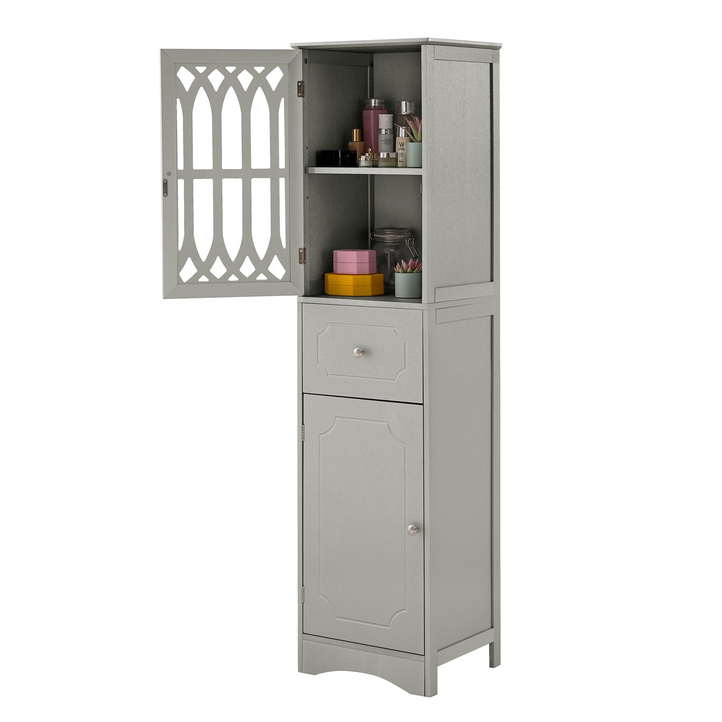 Tall Bathroom Cabinet, Freestanding Storage Cabinet with Drawer and Doors, MDF Board, Acrylic Door, Adjustable Shelf, Grey