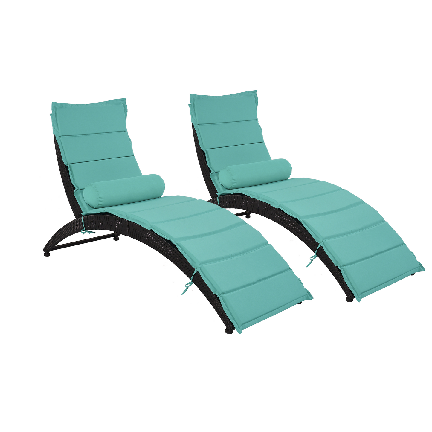 GO Patio Wicker Sun Lounger, PE Rattan Foldable Chaise Lounger with Removable Cushion and Bolster Pillow, Black Wicker and Turquoise Cushion (2 sets)