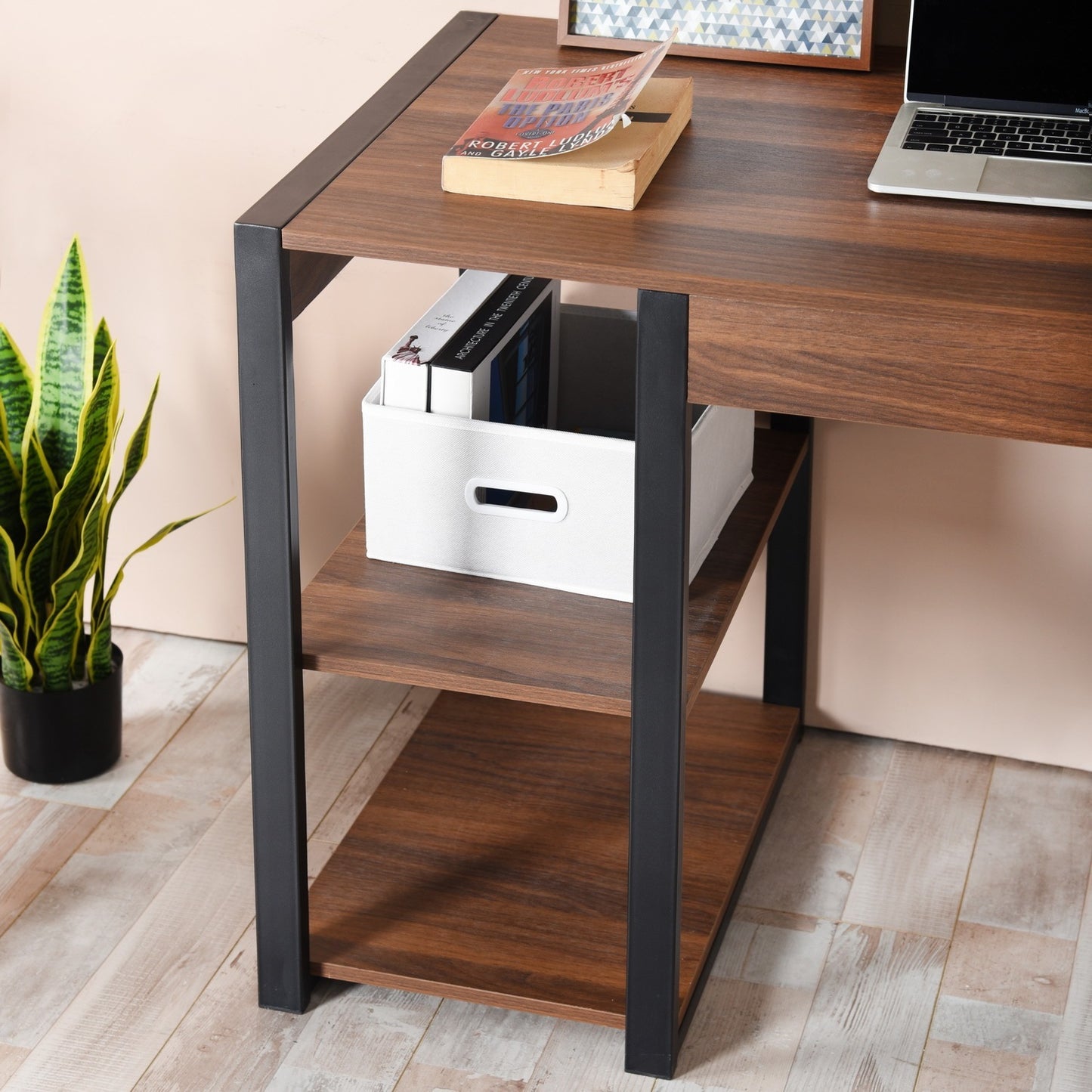 47.2" Home Office Desk / Computer Desk, Storage Desk Morden Style with Open Shelves Worksation, Brown & Black