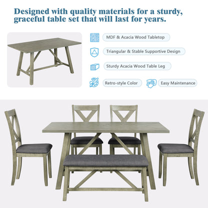 TOPMAX 6 Piece Dining Table Set Wood Dining Table and chair Kitchen Table Set with Table, Bench and 4 Chairs, Rustic Style, Gray(No Difference with SH000109AAE）