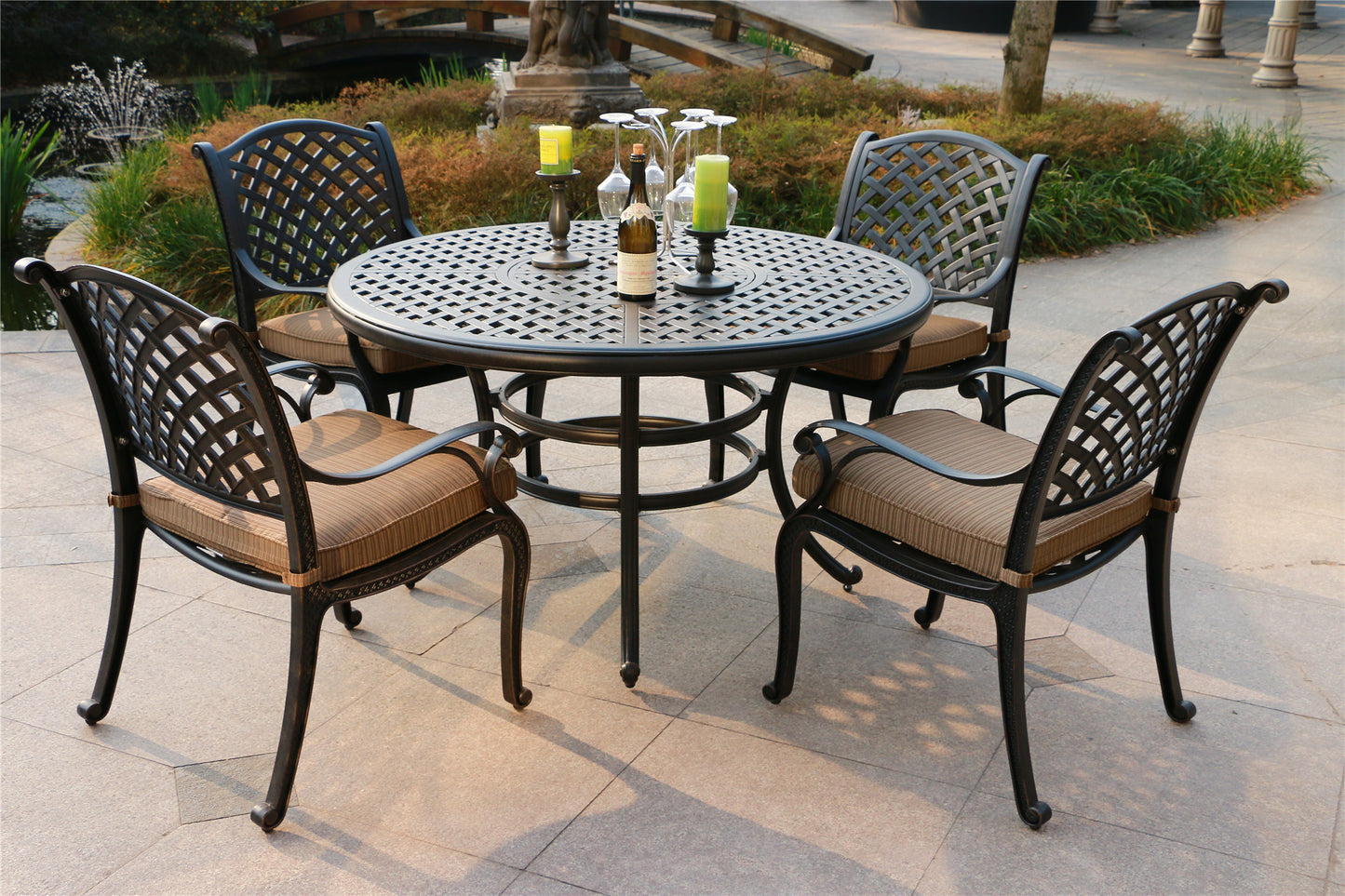 Round 4 - Person 51.97" Long Dining Set with Cushions, Dupione Brown