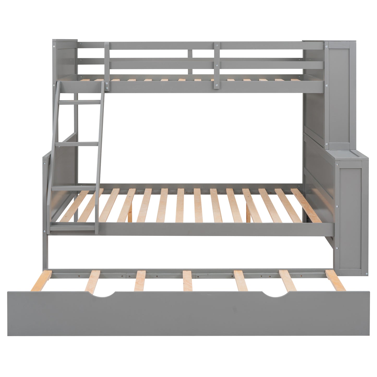 Twin over Full Bunk Bed with Trundle and Shelves, can be Separated into Three Separate Platform Beds, Gray