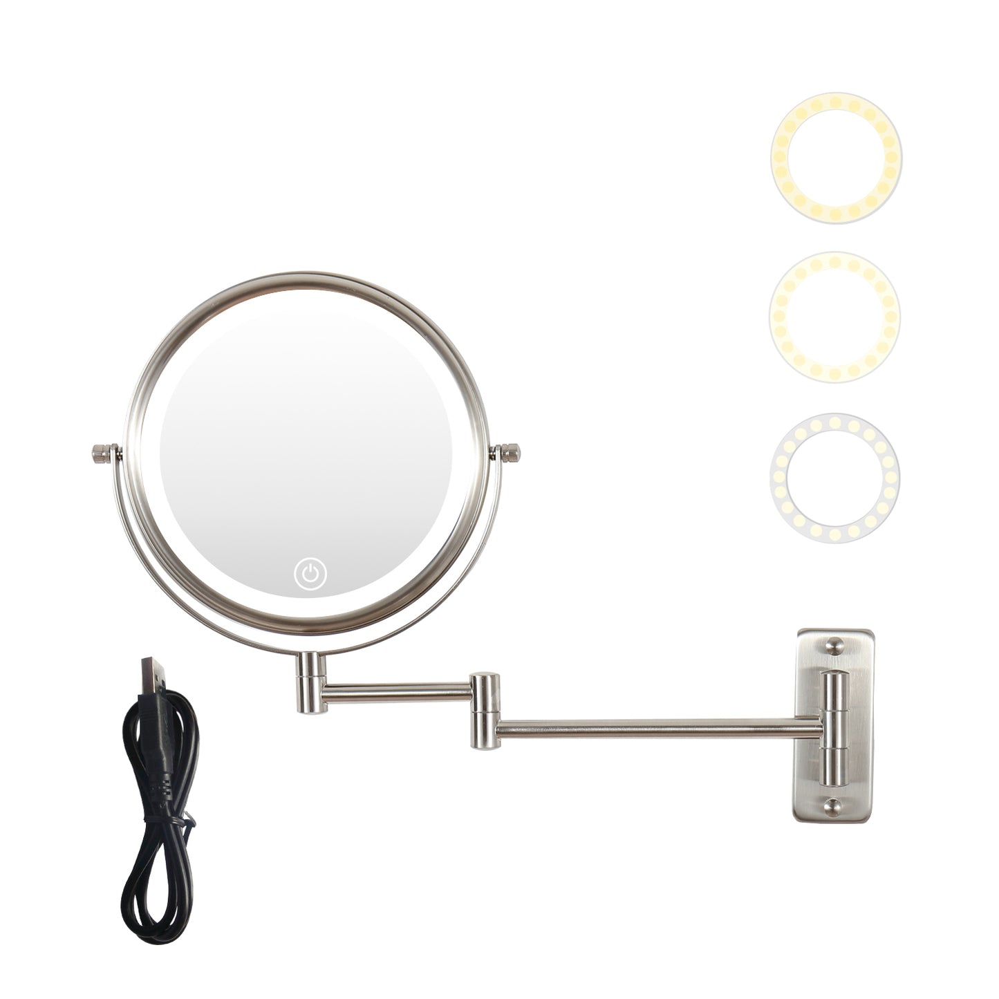 8-inch Wall Mounted Makeup Vanity Mirror, 3 colors Led lights, 1X/10X Magnification Mirror, 360° Swivel with Extension Arm (Brushed Nickel)