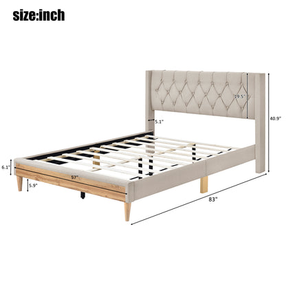 Upholstered Platform Bed with Rubber Wood Legs,No Box Spring Needed, Linen Fabric,Full Size-Beige