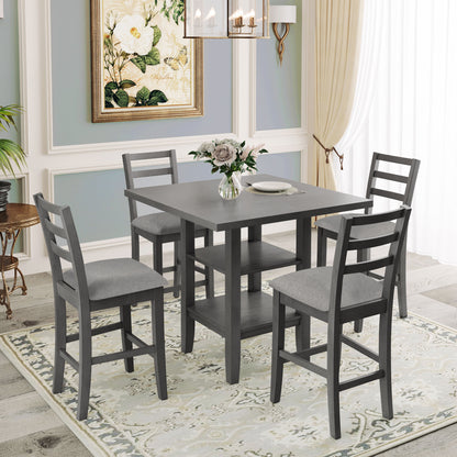 TREXM 5-Piece Wooden Counter Height Dining Set with Padded Chairs and Storage Shelving (Gray)