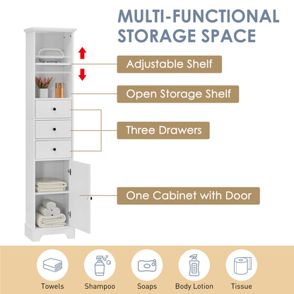 White Tall Bathroom Cabinet, Freestanding Storage Cabinet with 3 Drawers and Adjustable Shelf, MDF Board with Painted Finish