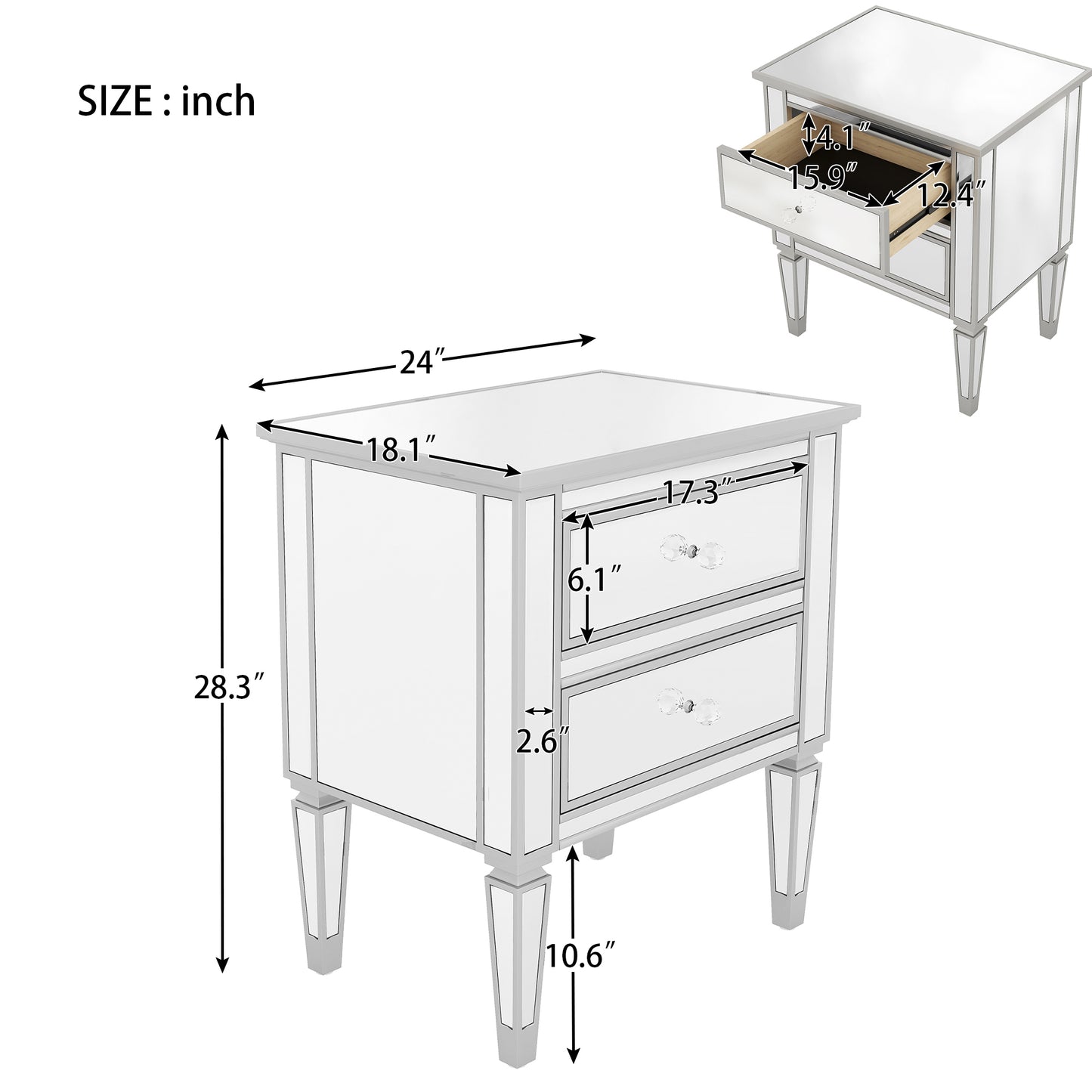 Elegant Mirrored Nightstand with 2 Drawers, Modern Silver Finished End Table Side Table for Living Room Bedroom