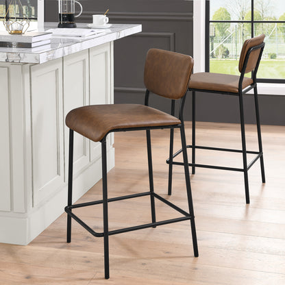 Pu Faux Leather Counter Stools Set of 2, Pub Counter Stool with Back and Footrest, Brown (17.5"x19.25“x34.5”）