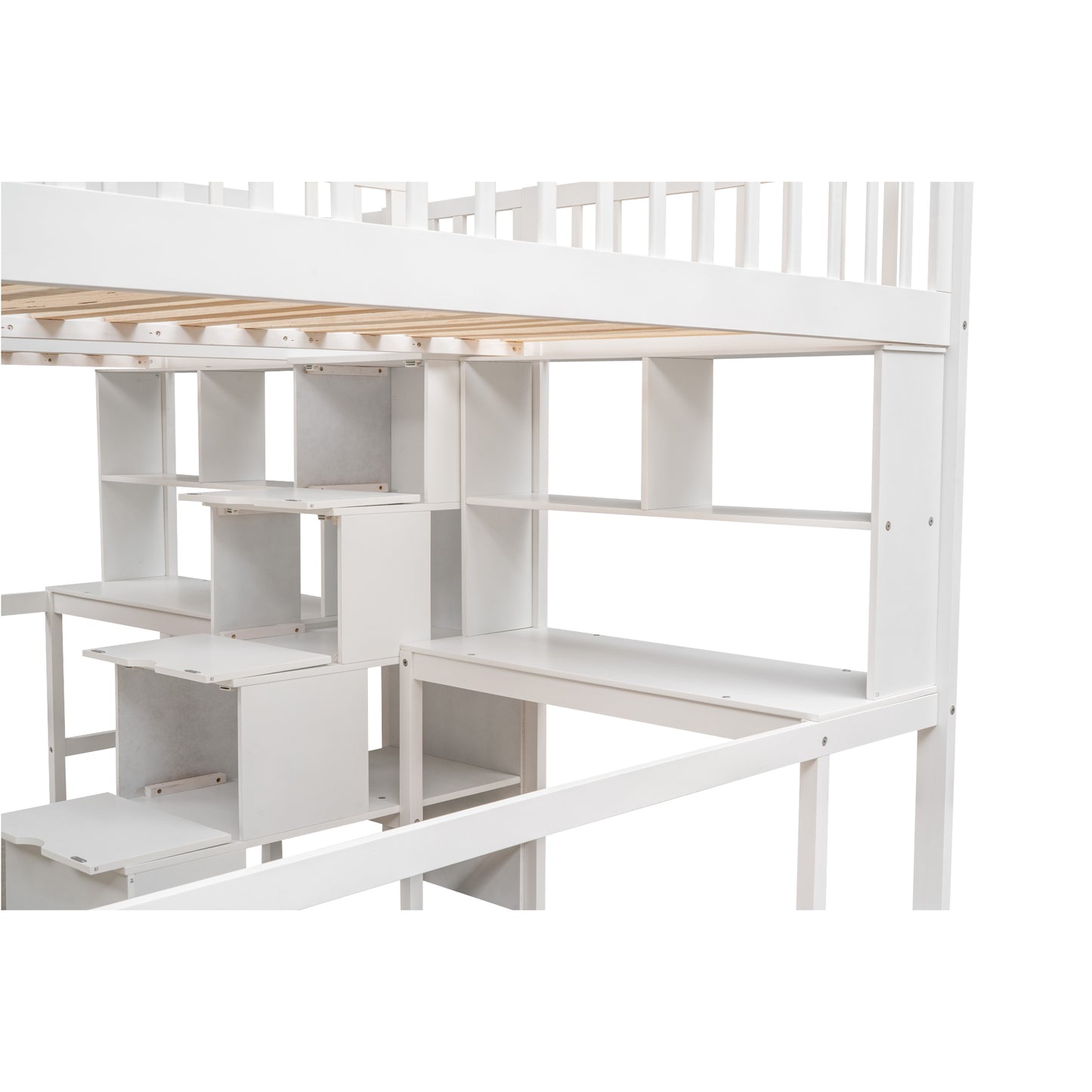 Twin & Twin Size Loft Bed with 2 Built-in Desks and Shelves, Storage Staircase, White