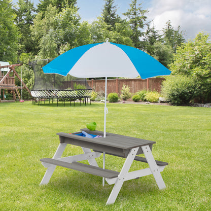 3-in-1 Kids Outdoor Wooden Picnic Table With Umbrella, Convertible Sand & Wate, Gray AMASTM & CPSIACERTIFICATION