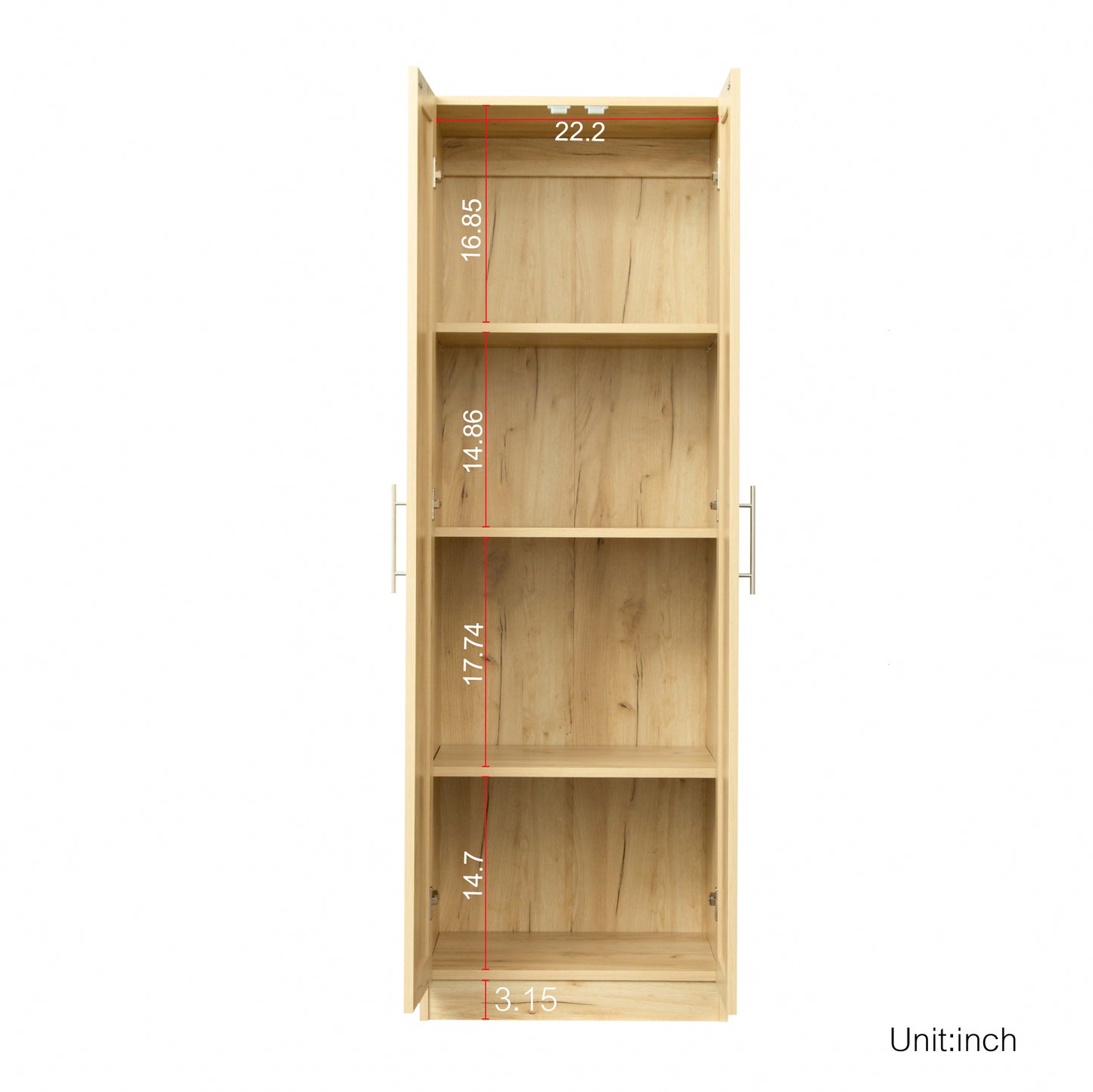 High wardrobe and kitchen cabinet with 2 doors and 3 partitions to separate 4 storage spaces,Oak