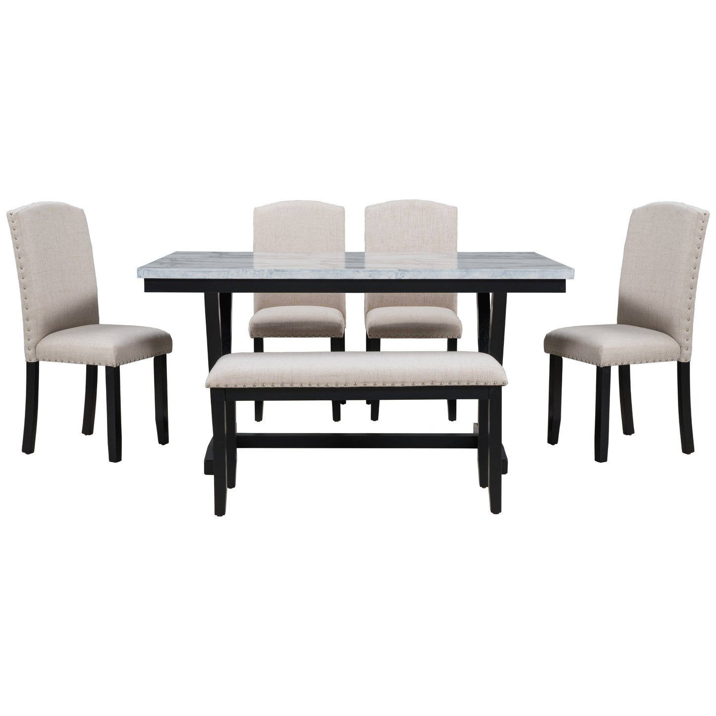 TREXM Modern Style 6-piece Dining Table with 4 Chairs & 1 Bench, Table with Marbled Veneers Tabletop and V-shaped Table Legs (White)