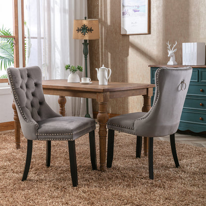 A&A Furniture,Nikki Collection Modern, High-end Tufted Solid Wood Contemporary Velvet Upholstered Dining Chair with Wood Legs Nailhead Trim  2-Pcs Set，Gray，1901GY