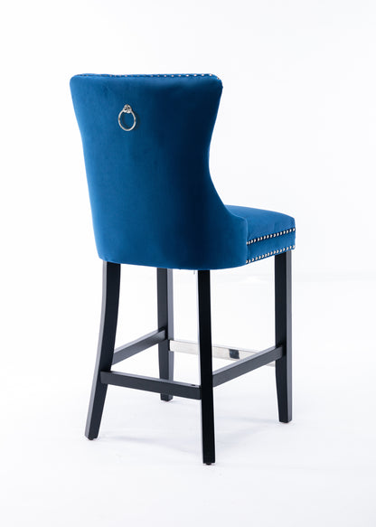 Set of 2 Upholstered Blue Velvet Bar stool with Solid Wood Legs