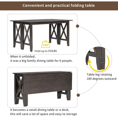 TREXM 6-Piece Family Dining Room Set Solid Wood Space Saving Foldable Table and 4 Chairs with Bench for Dining Room (Espresso)